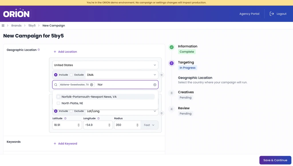 Orion campaign builder showing geographic targeting controls