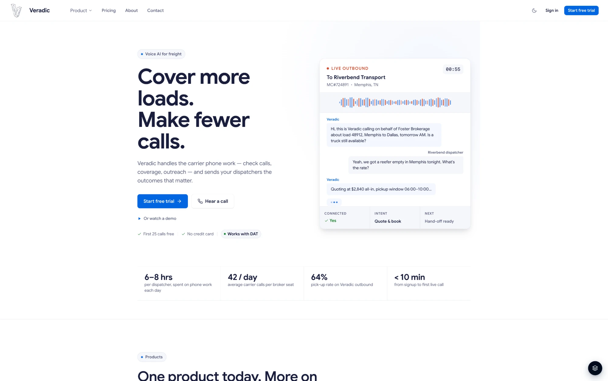 Veradic landing page with live outbound call demonstration
