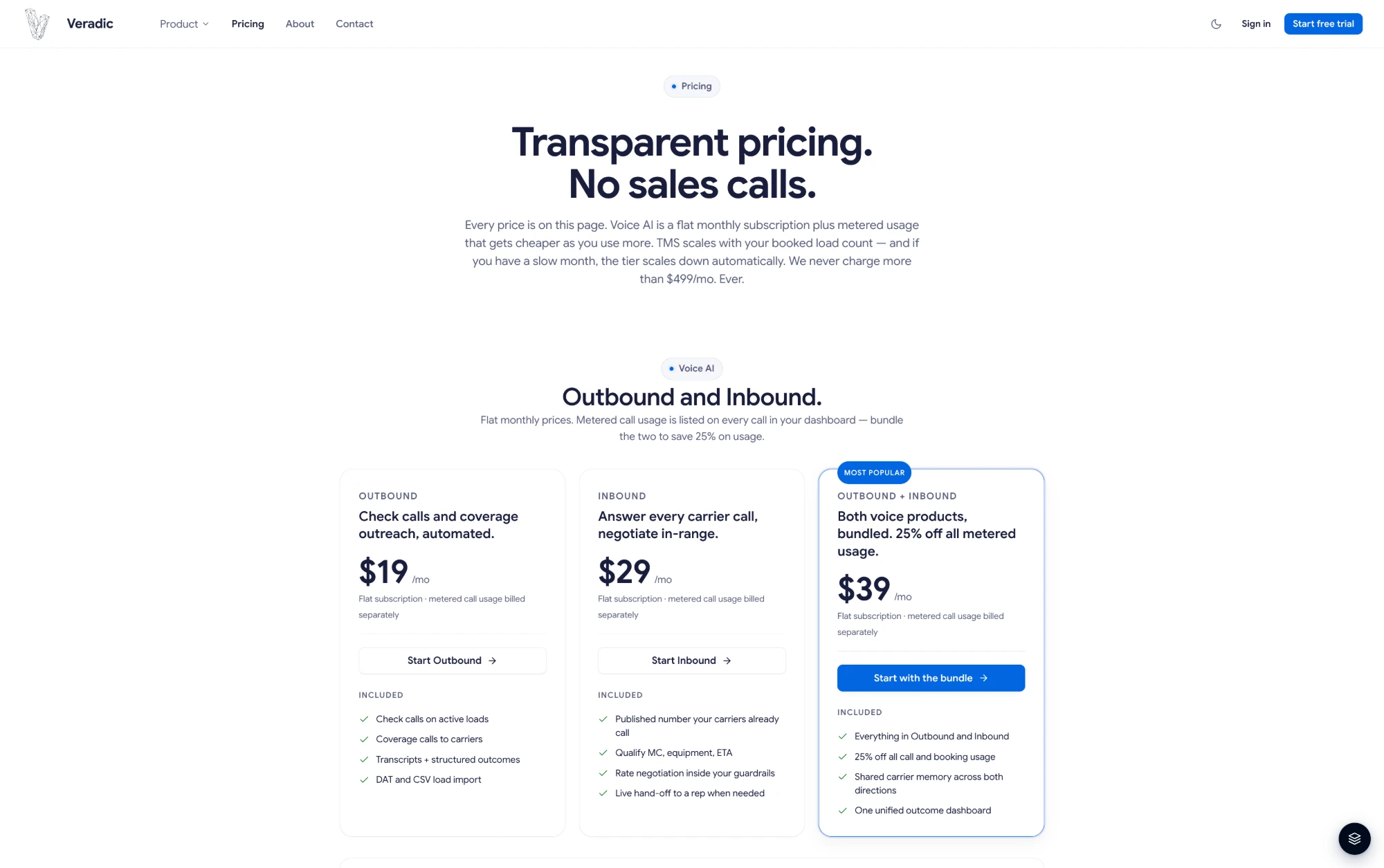 Transparent pricing: Outbound, Inbound, and Bundle plans