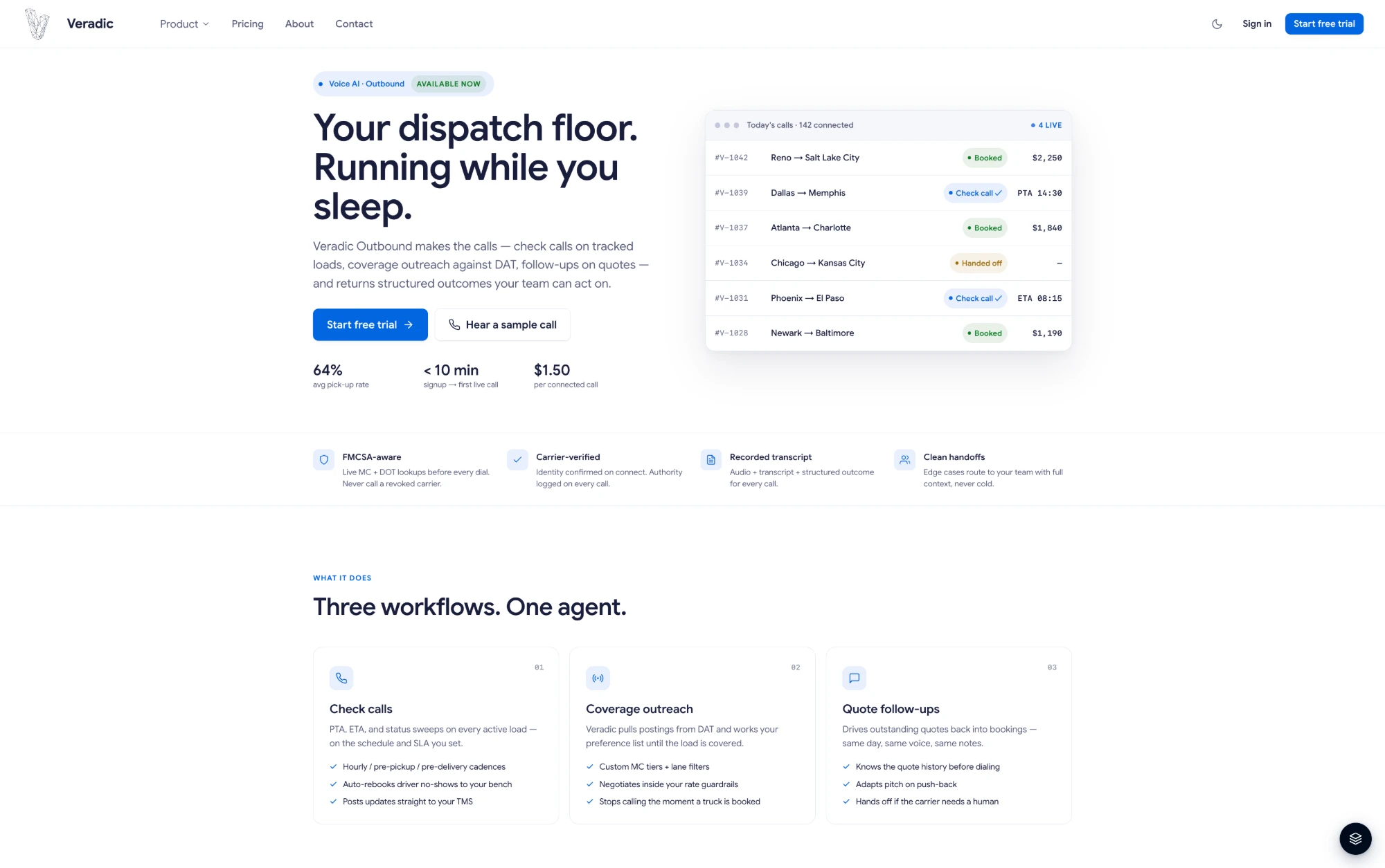 Veradic Outbound product page: three workflows, one agent