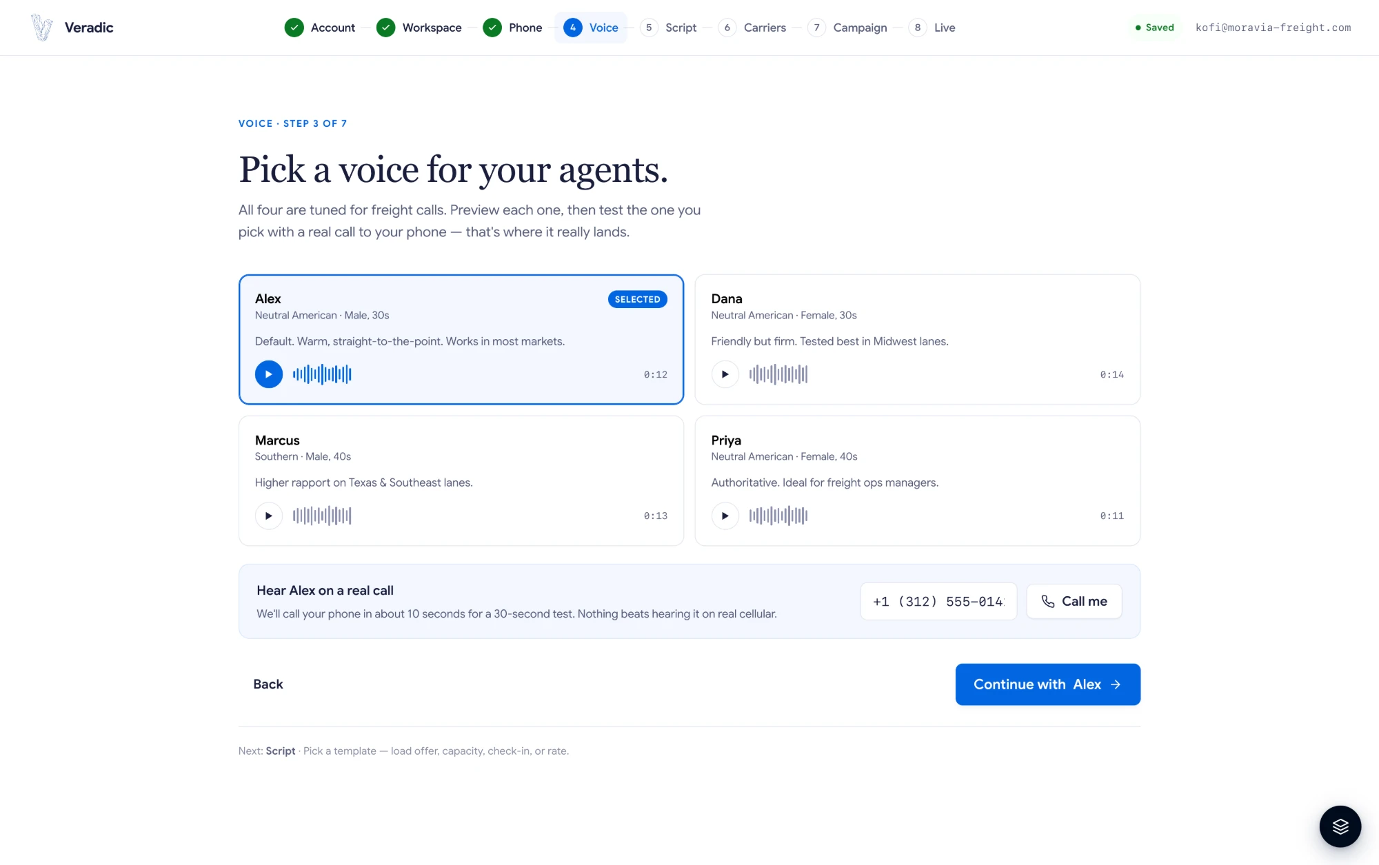 Onboarding: voice selection with live test call