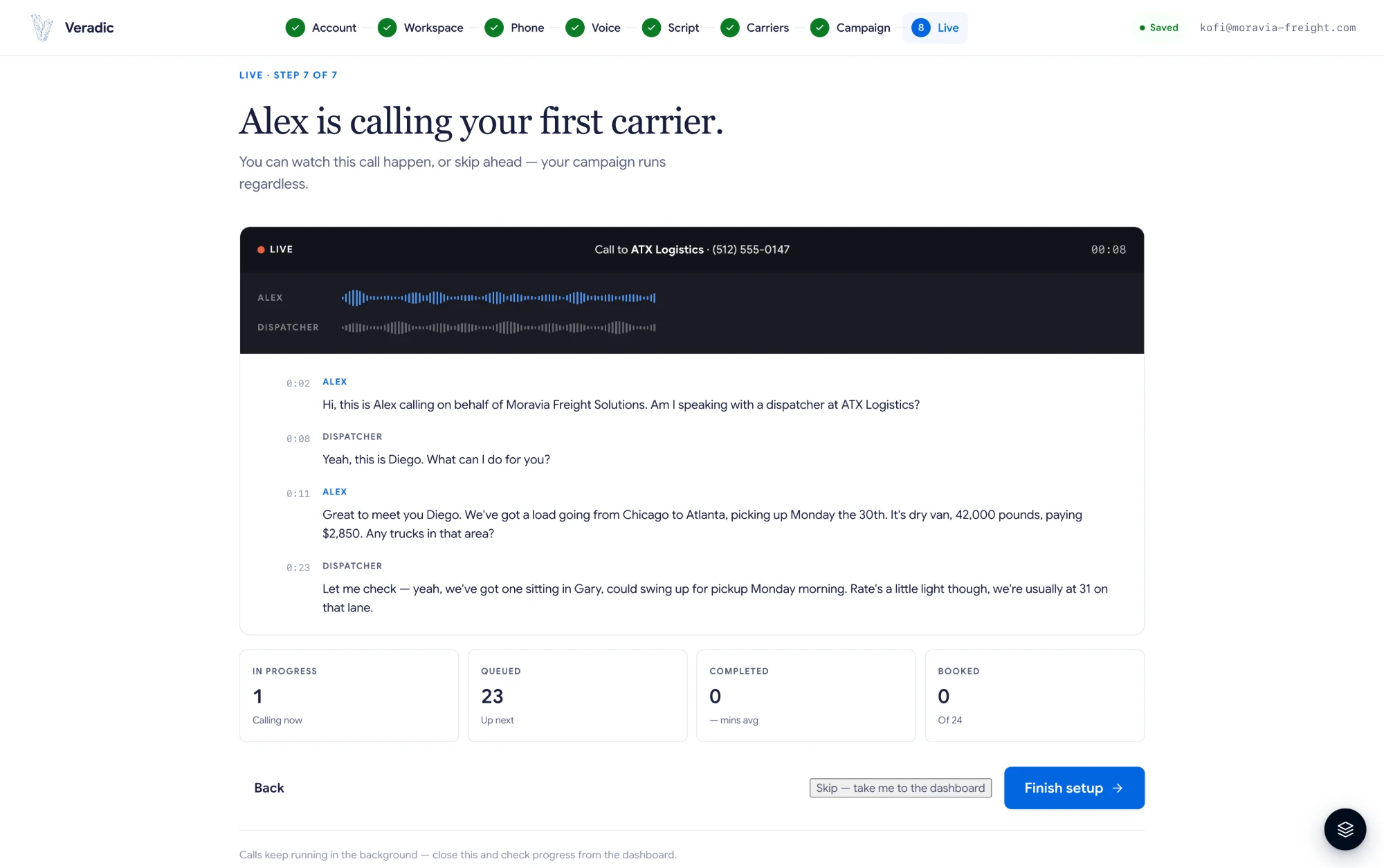 Onboarding: the AI making your first live carrier call