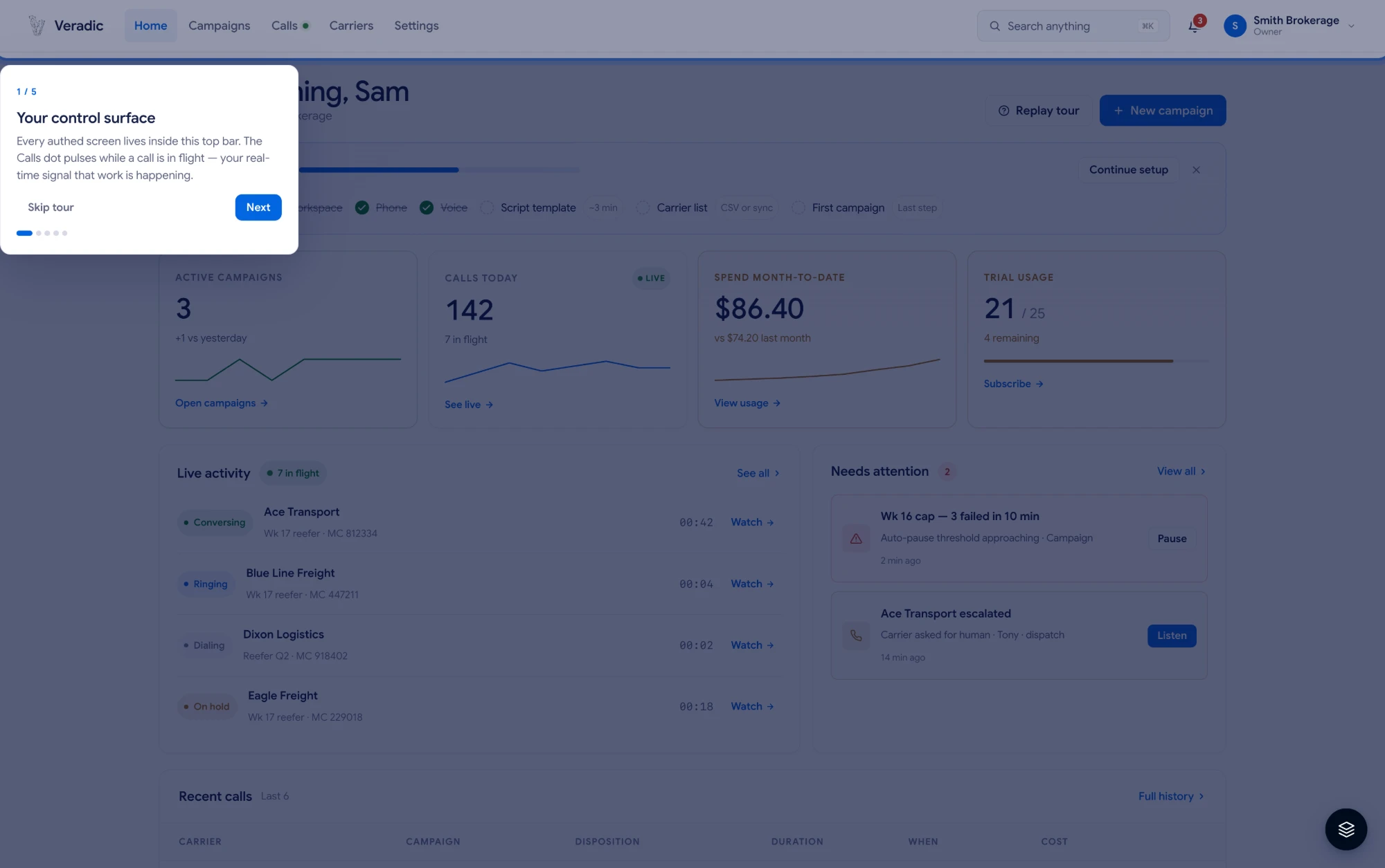 Dashboard with guided product tour