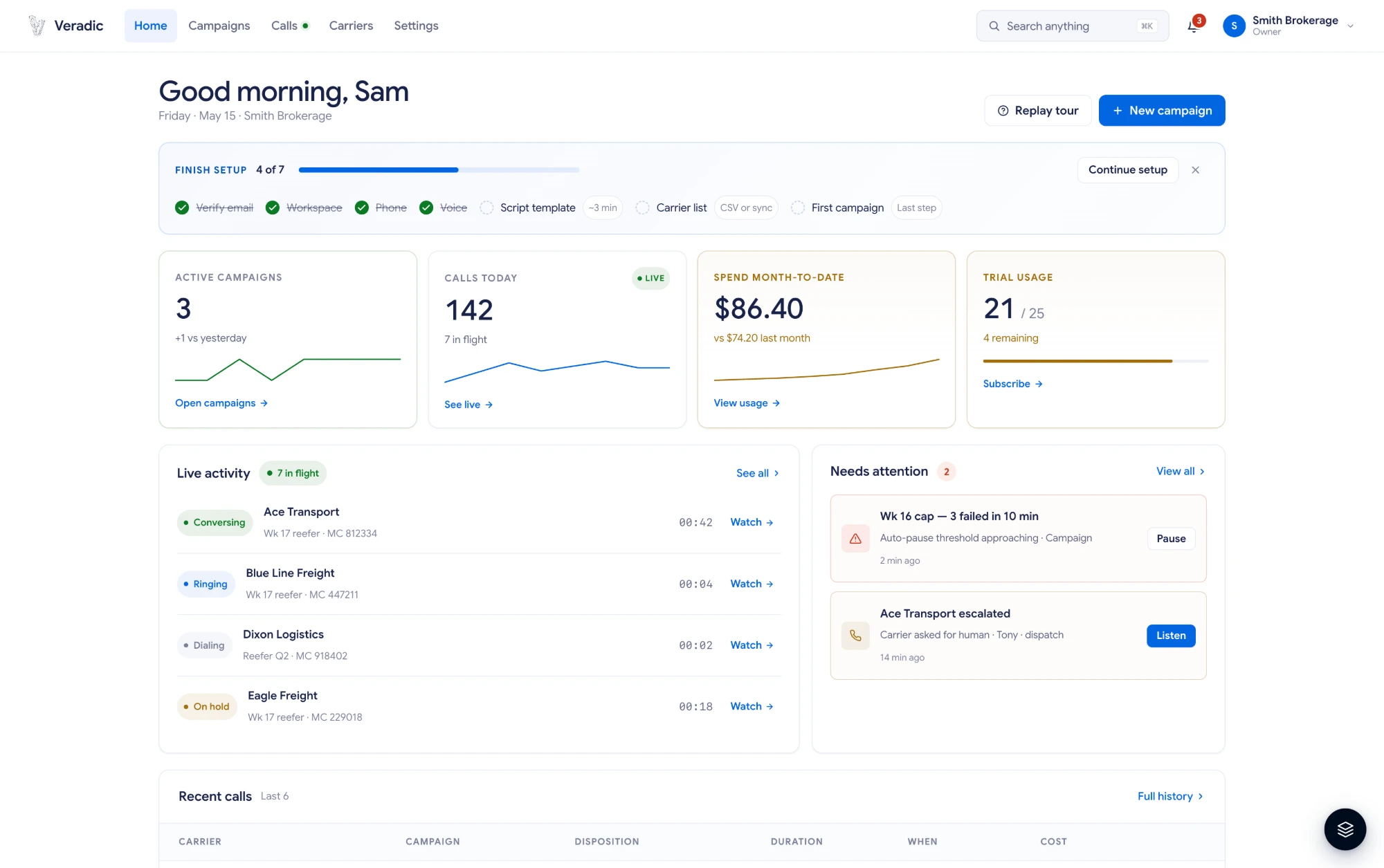 Broker dashboard: live activity and needs-attention queue