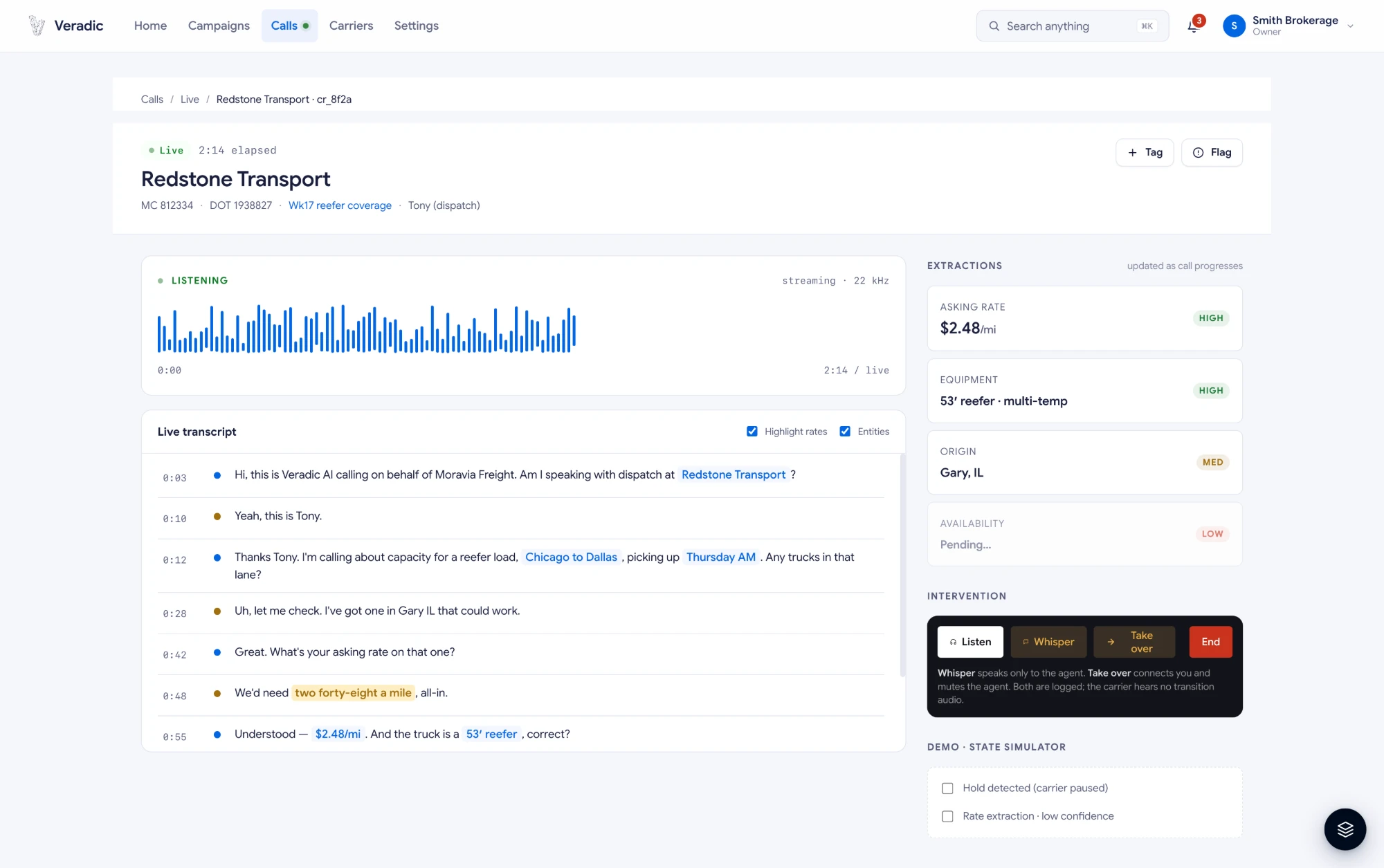 Veradic live call view with transcript and intervention controls