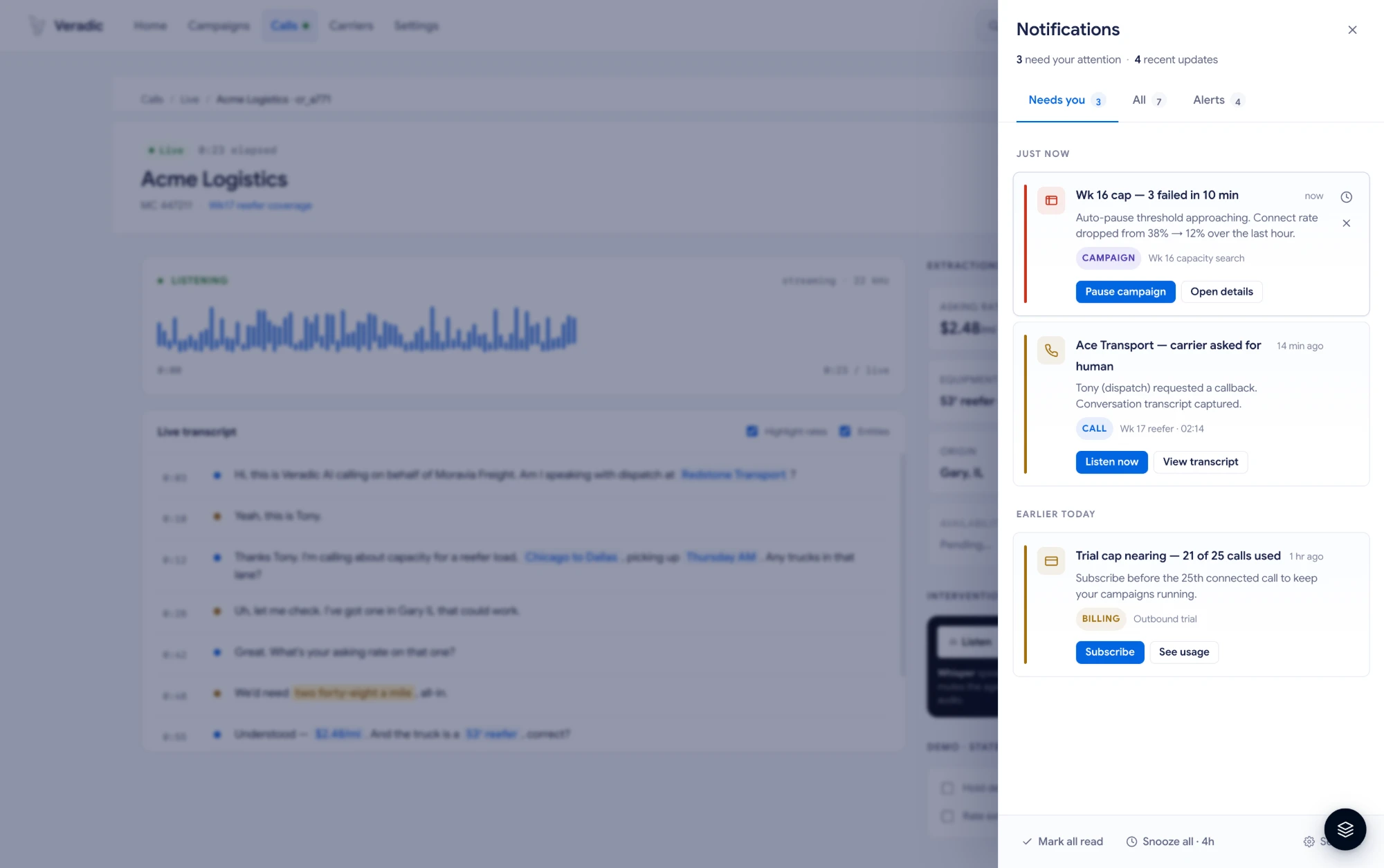 Notifications center: needs-you queue with inline actions