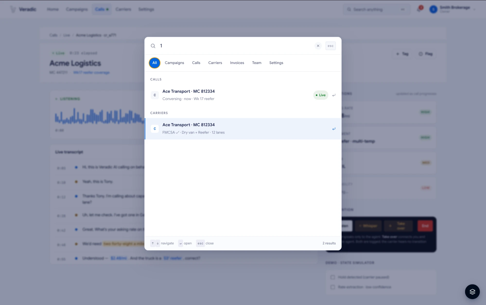 Command palette: search across calls, carriers, campaigns